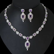 Elegant Silver Necklace Set with Purple Stones & Zircon Detailing